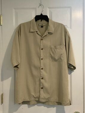 TOMMY BAHAMA Men’s 100% Silk Beige Neutral Summer Capsule Beach Wedding Shirt L